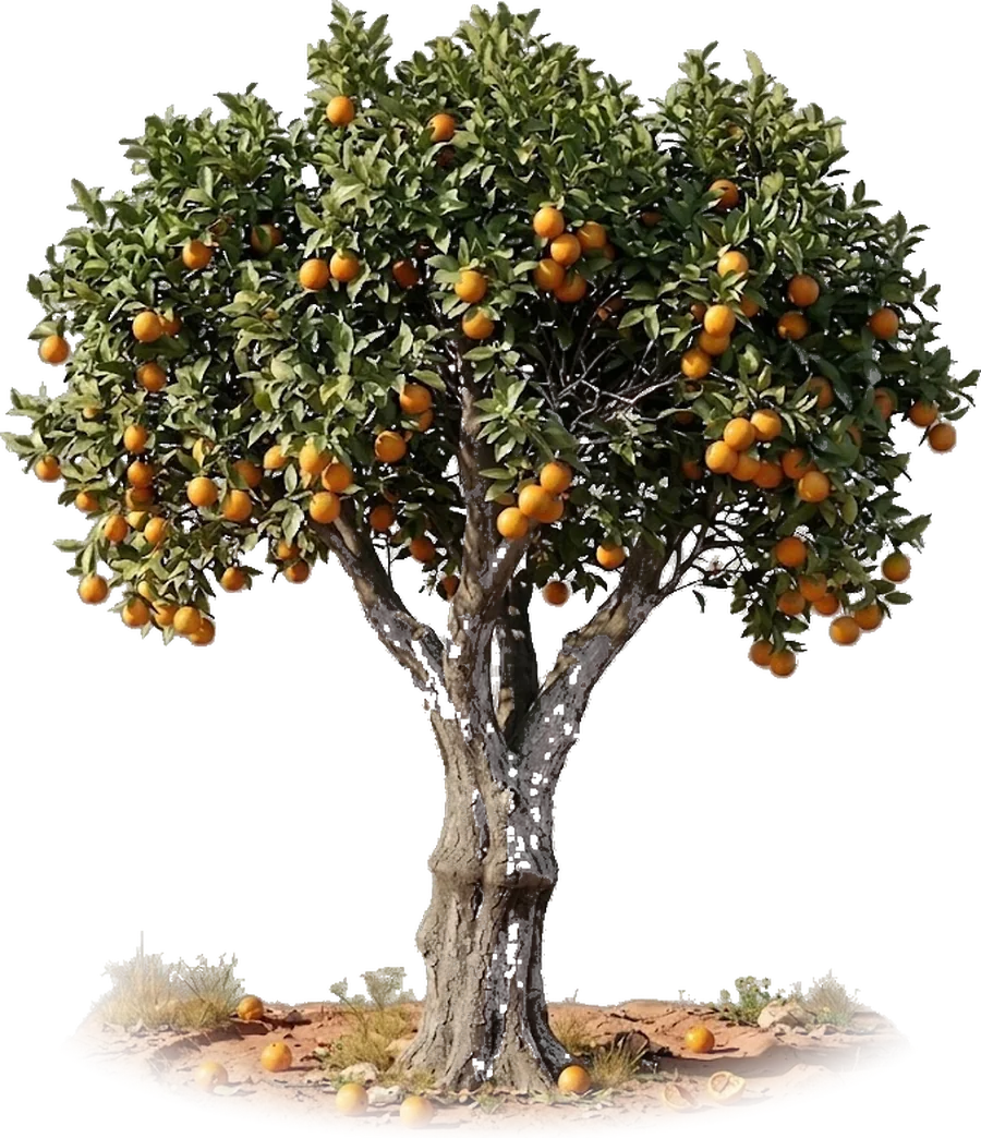 Laranjeira algarvia carregada de fruto, com as raízes numa terra clara que se desvanece.