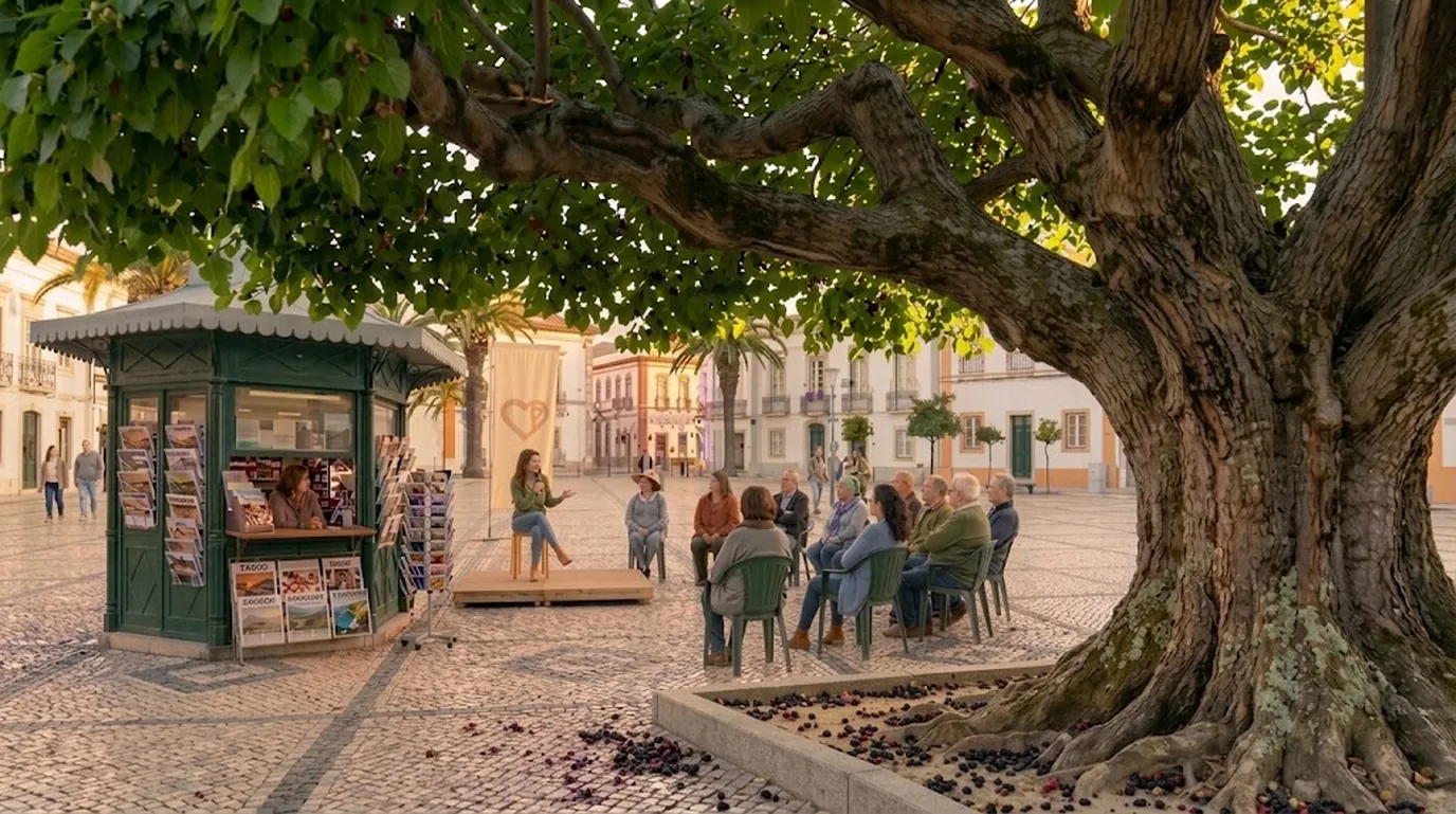 Largo algarvio ao fim da tarde: à esquerda um quiosque de jornais com uma pessoa ao balcão, ao centro um pequeno palco de madeira com uma pessoa a falar, à direita uma roda de cadeiras com pessoas sentadas a ouvir.