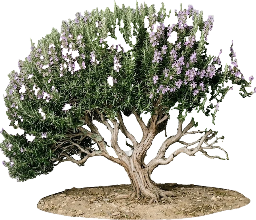 Alecrim antigo em flor, de tronco retorcido, sobre um leito de terra seca.