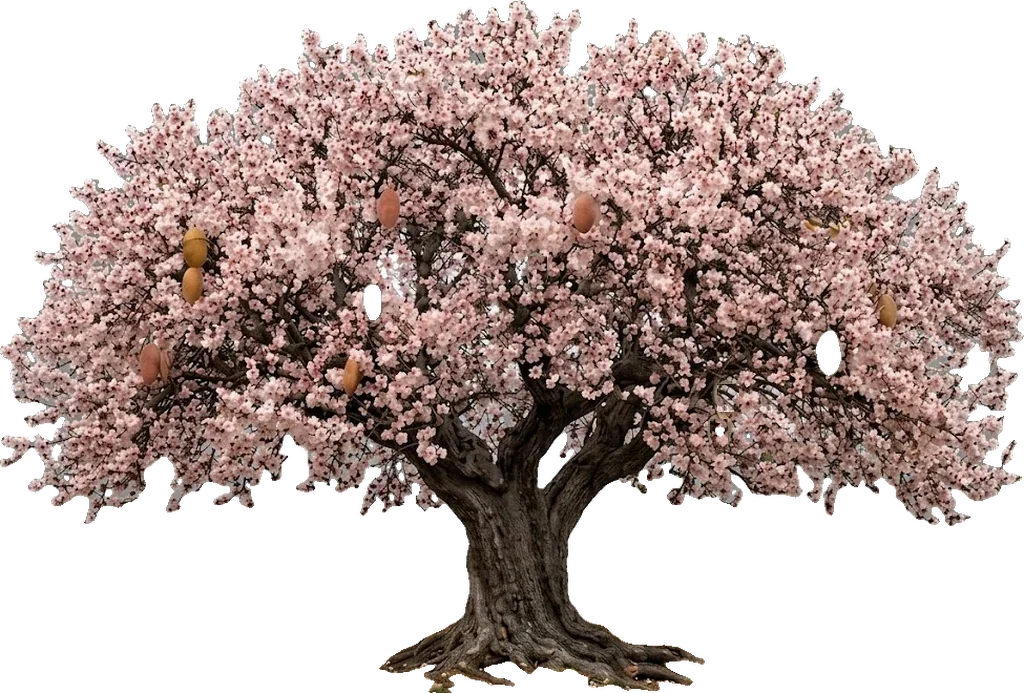 Amendoeira em flor, com os momentos da nossa história marcados ao longo do tronco e da copa.
