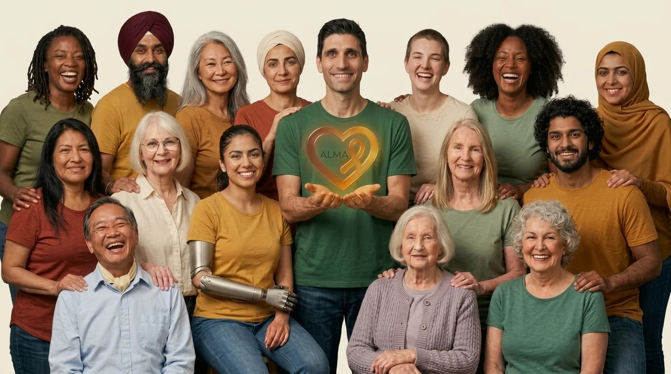 Um grupo de pessoas de idades, origens e percursos diferentes, lado a lado e a sorrir. Ao centro, um homem segura nas mãos o coração-laço da ALMA.
