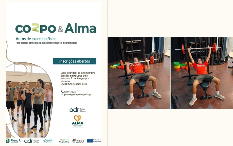 Cartaz do programa coRpo & Alma e duas fotografias da sala de exercício da ADR