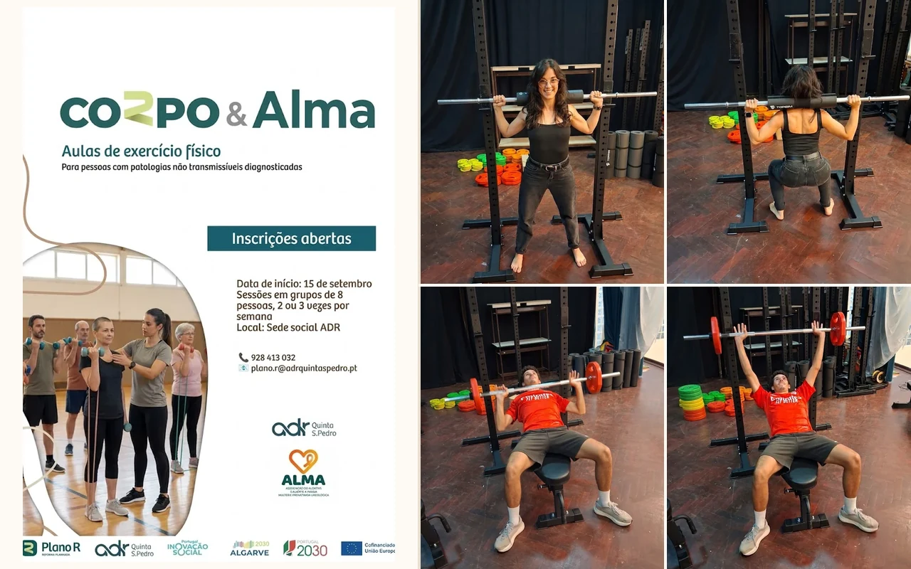 Cartaz do programa coRpo & Alma e quatro fotografias da sala de exercício da ADR